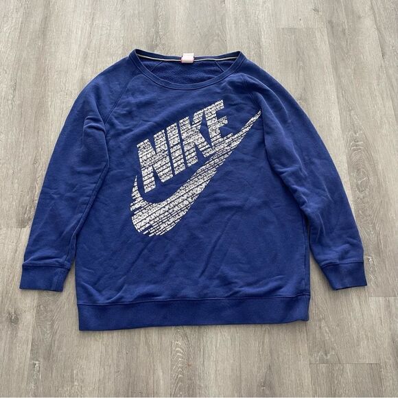 Nike Mens Size Medium Sweatshirt Big Spellout Swoosh Blue And White - Picture 1 of 5